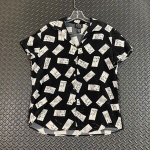 City Silk‎ 100% Silk Button Up Shirt Black White Floral Print Omphalodes Large